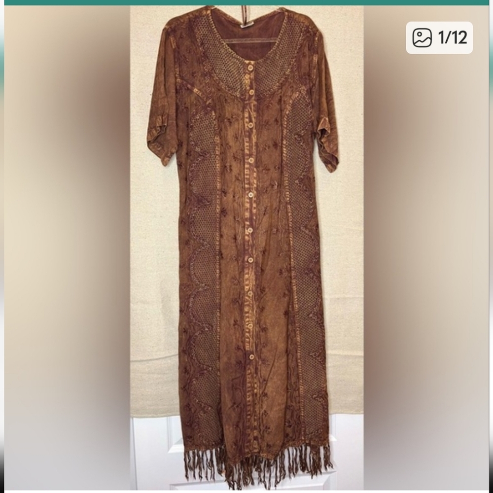 Vintage MAGIC mineral wash button front embroidered fringe dress